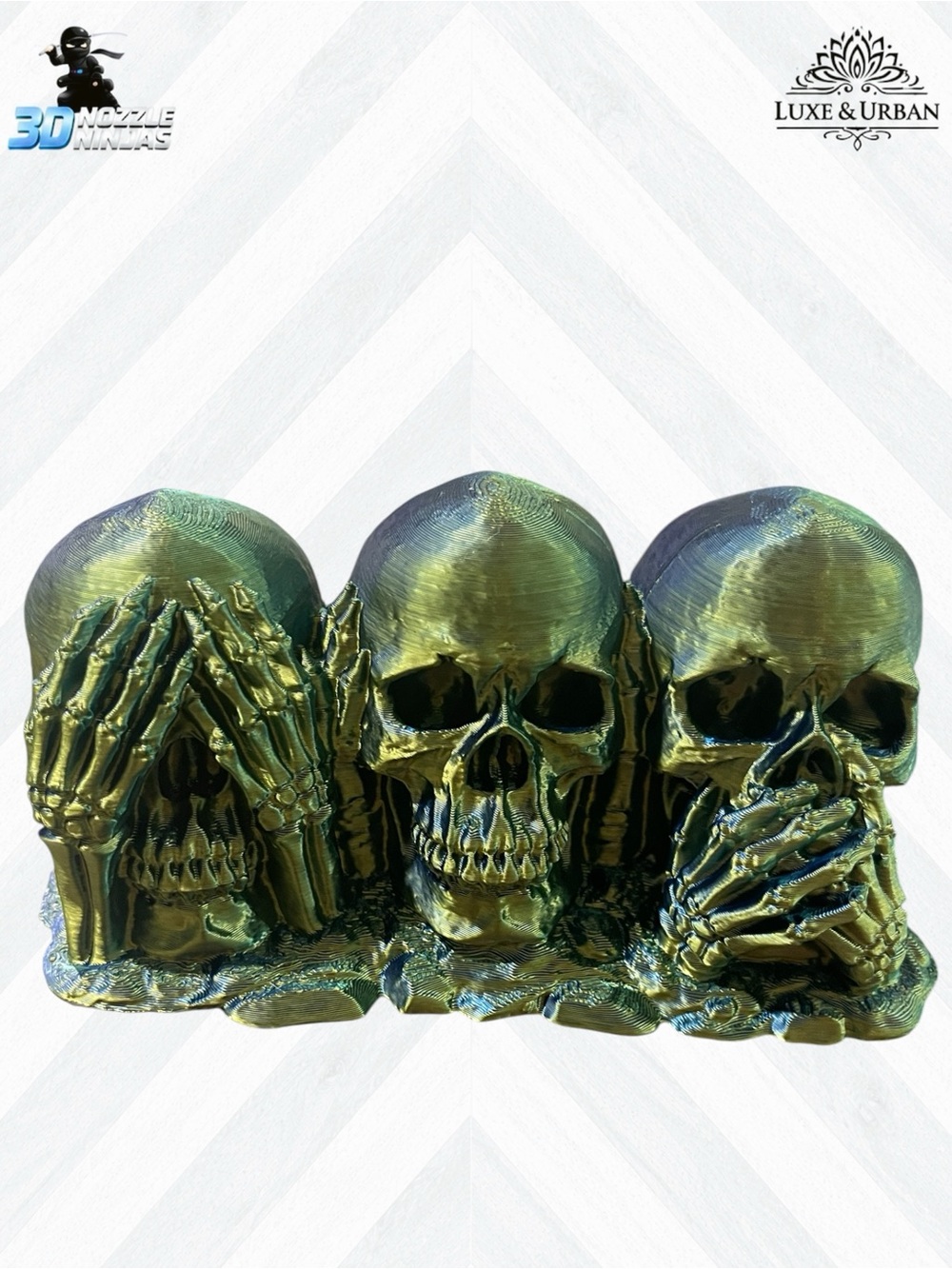 ๐ชท3d See No Evil, Hear No Evil, Speak No EvilโSkull Sculpture-Green/Blue Metallic